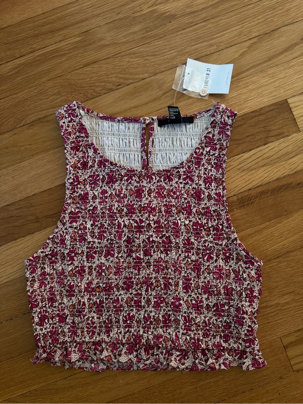 Forever 21 Pink Floral Smocked Cropped Tank Top